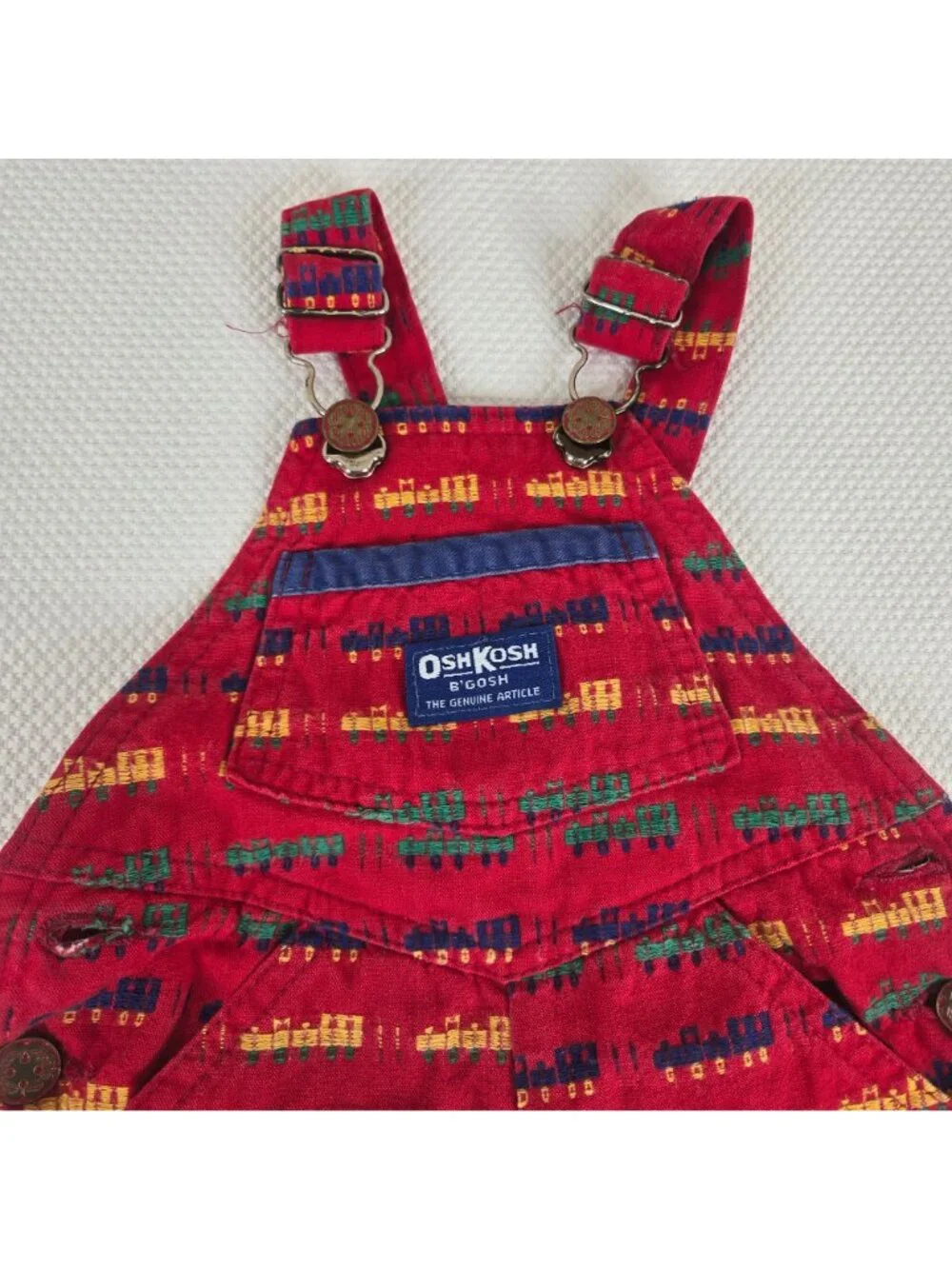 Vintage OshKosh BGosh Red Trains Overalls Vestback Size 3/6 Mos Made in USA